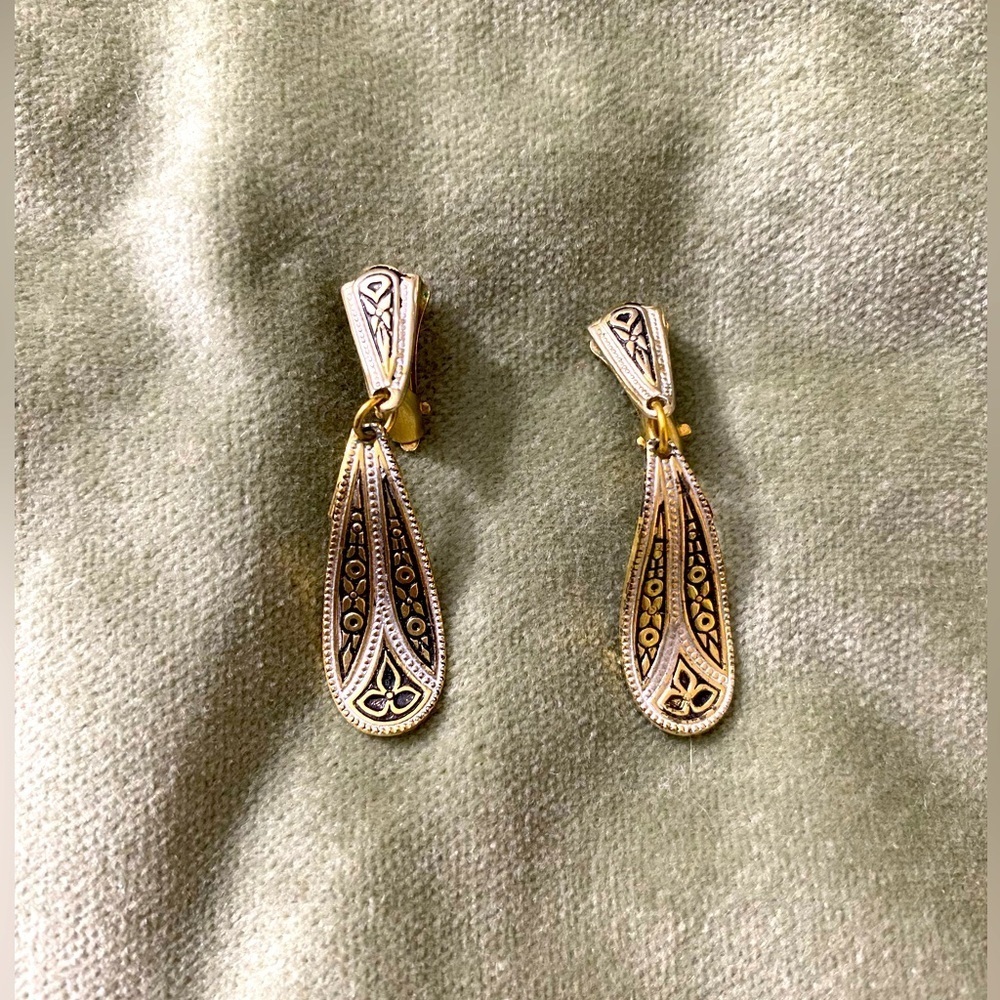 VTG Damascene Earrings Rare spoon drop gold silver Art Deco Spain #12-105